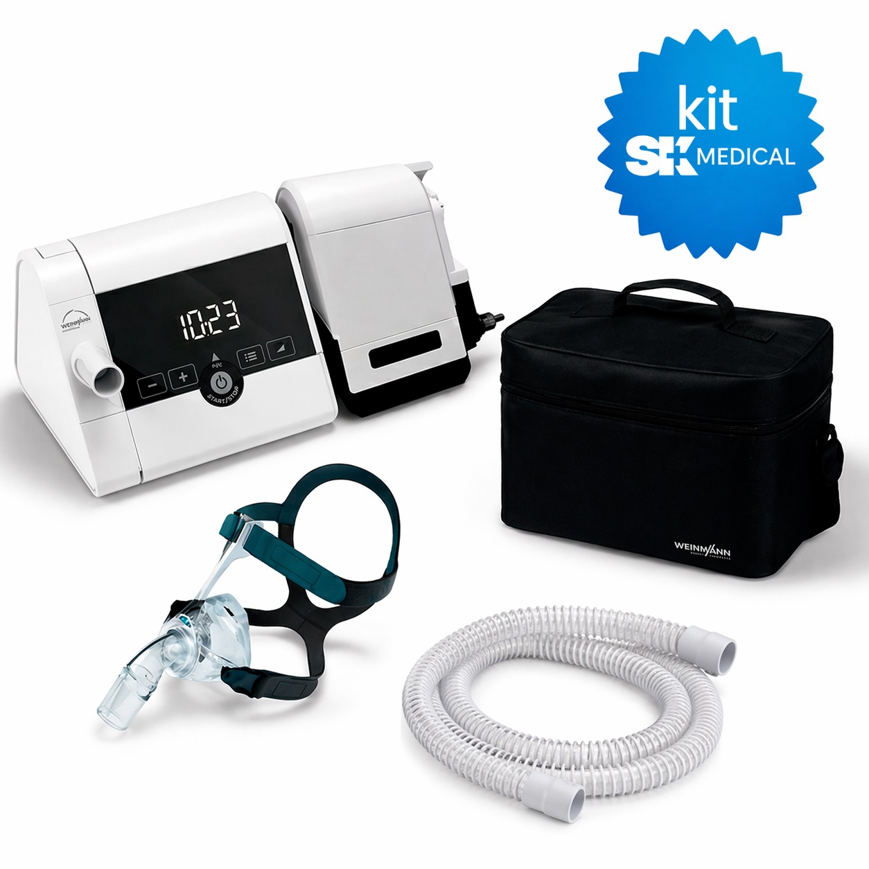 Lowenstein medical prisma smart max + base humidificadora + circuito estandar + bolso de transporte + set de filtros de repuesto + telemedicina + APP para su celular.