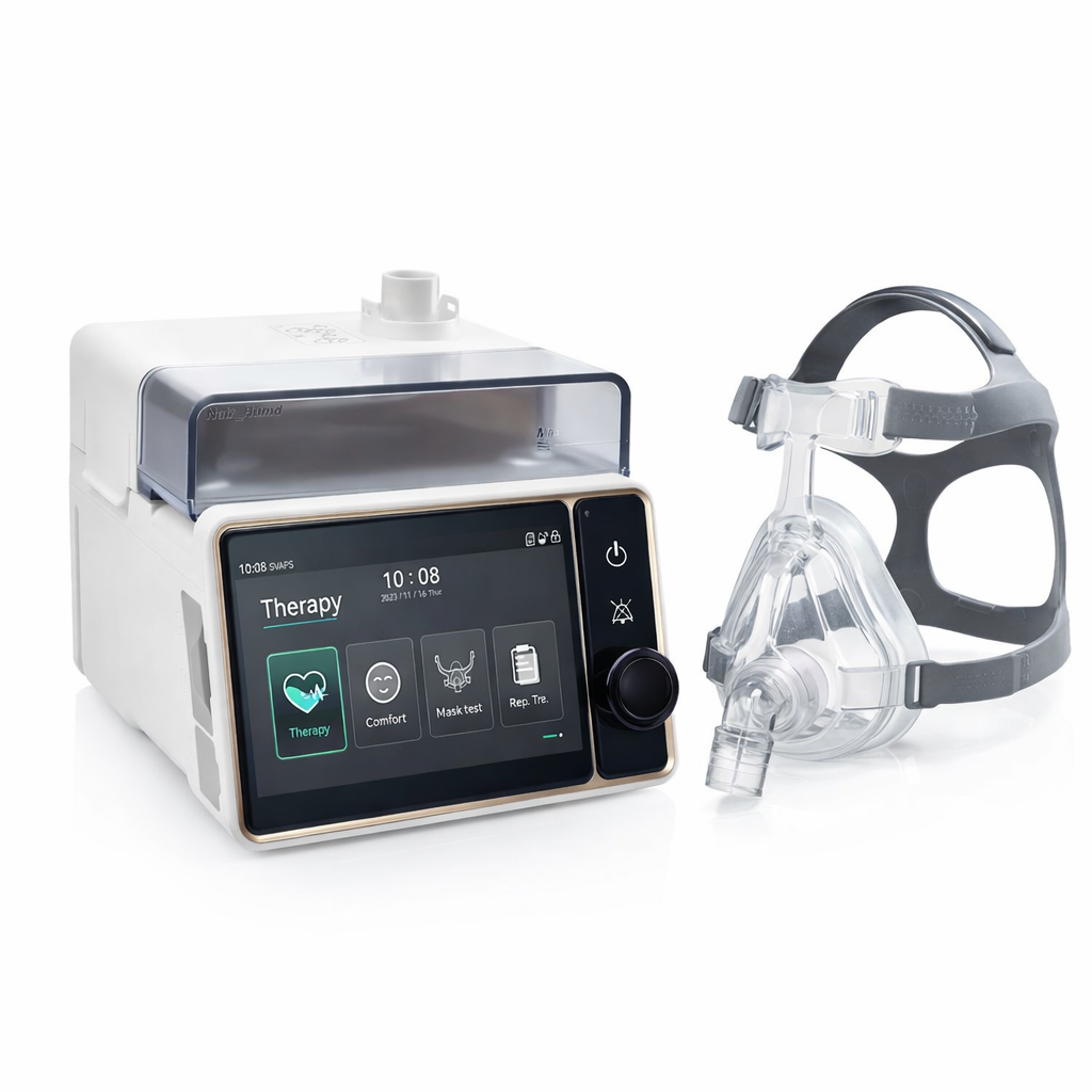 NatrRes 25 ST + + circuito calefaccionado + base humidificadora integrada + bolso de transporte + set de filtros de repuesto + telemedicina.